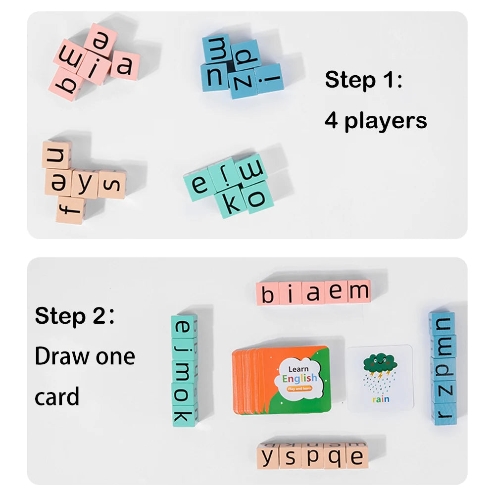 Spell The Word Game, Wooden Reading Building Blocks with 54 Cards, Montessori Alphabet Learning Toy