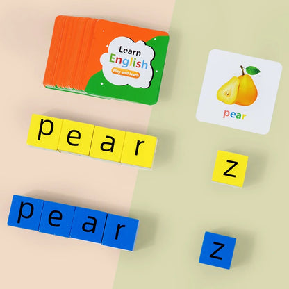 Spell The Word Game, Wooden Reading Building Blocks with 54 Cards, Montessori Alphabet Learning Toy
