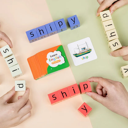 Spell The Word Game, Wooden Reading Building Blocks with 54 Cards, Montessori Alphabet Learning Toy